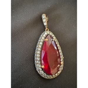 925 Silver Ruby Red Faceted Glass Stone Pendant Clear Rhinestones Copper Bale